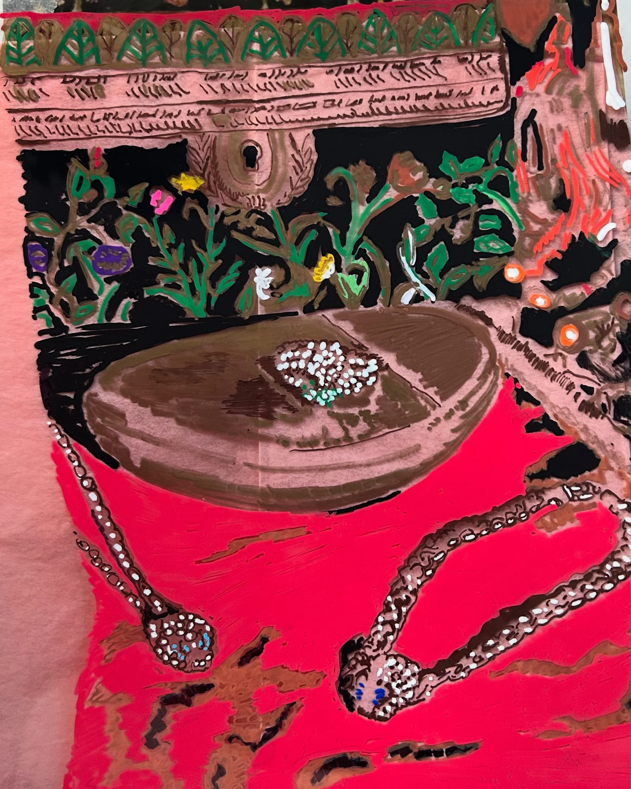 A painting of a brown wooden table with a red tablecloth, featuring a bowl of white popcorn, surrounded by green plants with colorful flowers in the background, and beaded jewelry on the table.