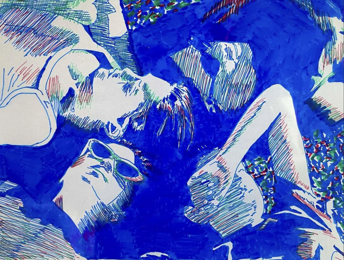 Line art illustration of two people lying close together, with one wearing sunglasses, in a relaxed pose.