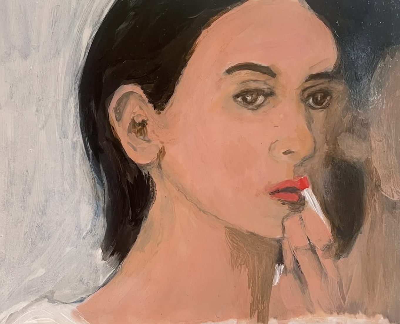 A painting of a woman with dark hair, dark eyes, and red lipstick holding a cigarette near her lips.