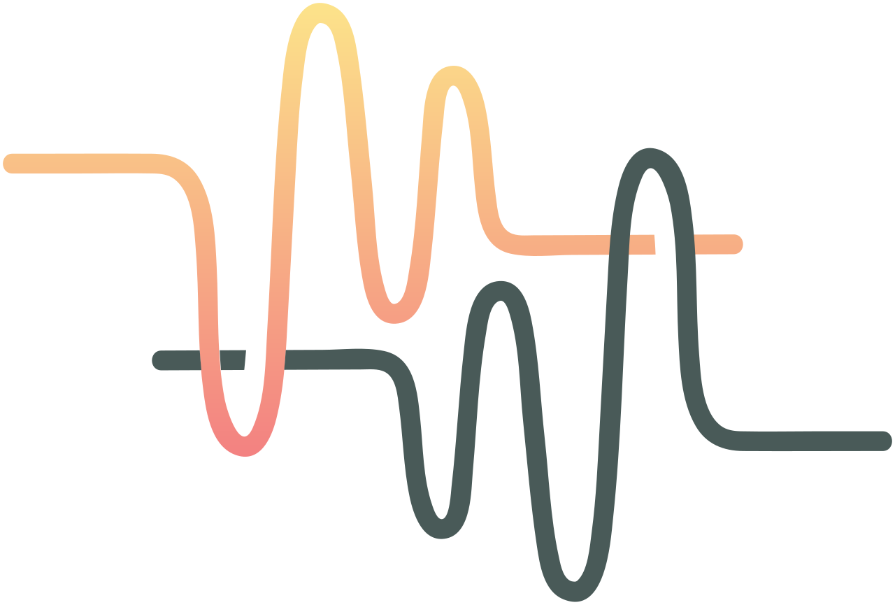 Abstract waveform lines in orange, pink, and black colors on a black background.