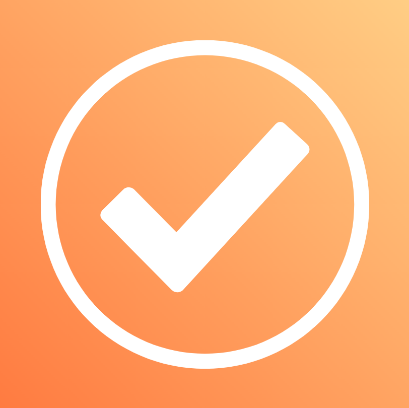 White checkmark inside a white circle on an orange and peach gradient background.