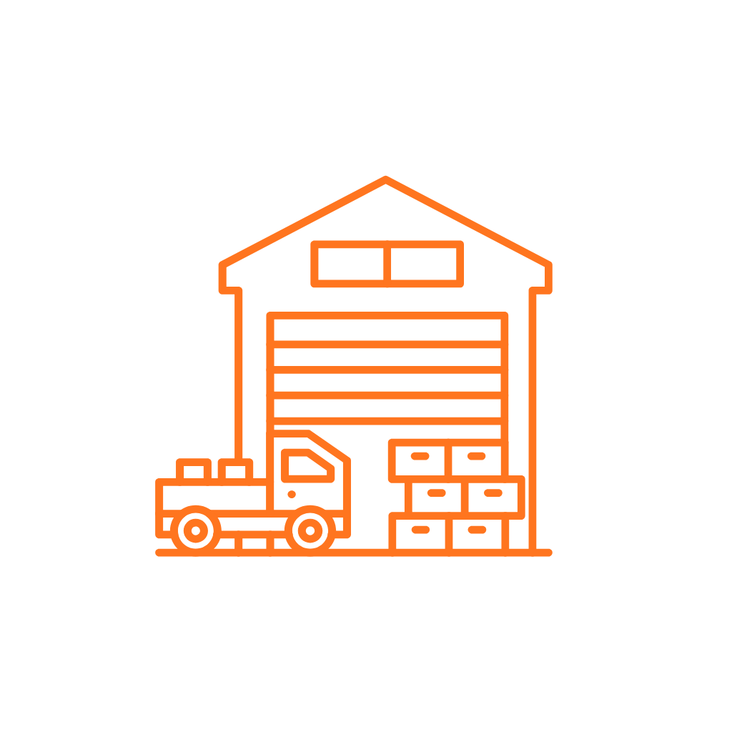 Outline of a warehouse with a garage door, a forklift, and stacked boxes outside.