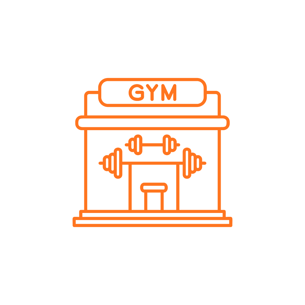 Neon orange outline of a gym building with a sign that reads 'GYM', featuring a dumbbell symbol on the front.