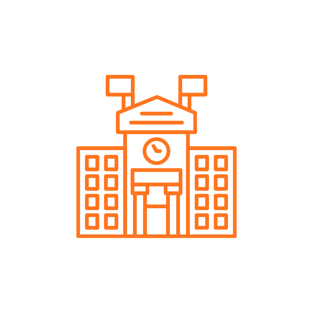 Outline of a school building with a clock and two flags on the roof, depicted in orange on a black background.