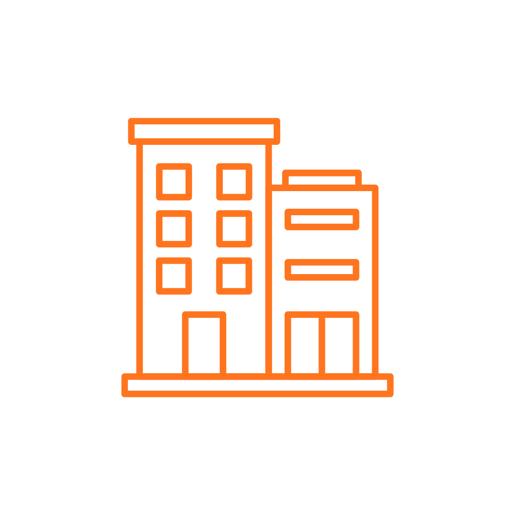 Neon outline of two city buildings on black background.