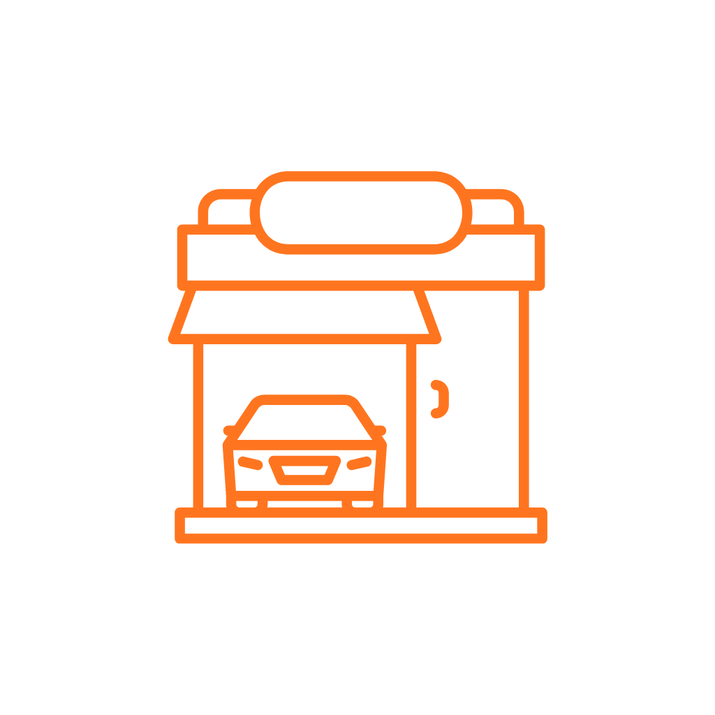 Outline of a car parked in a garage with a sign above the garage door.