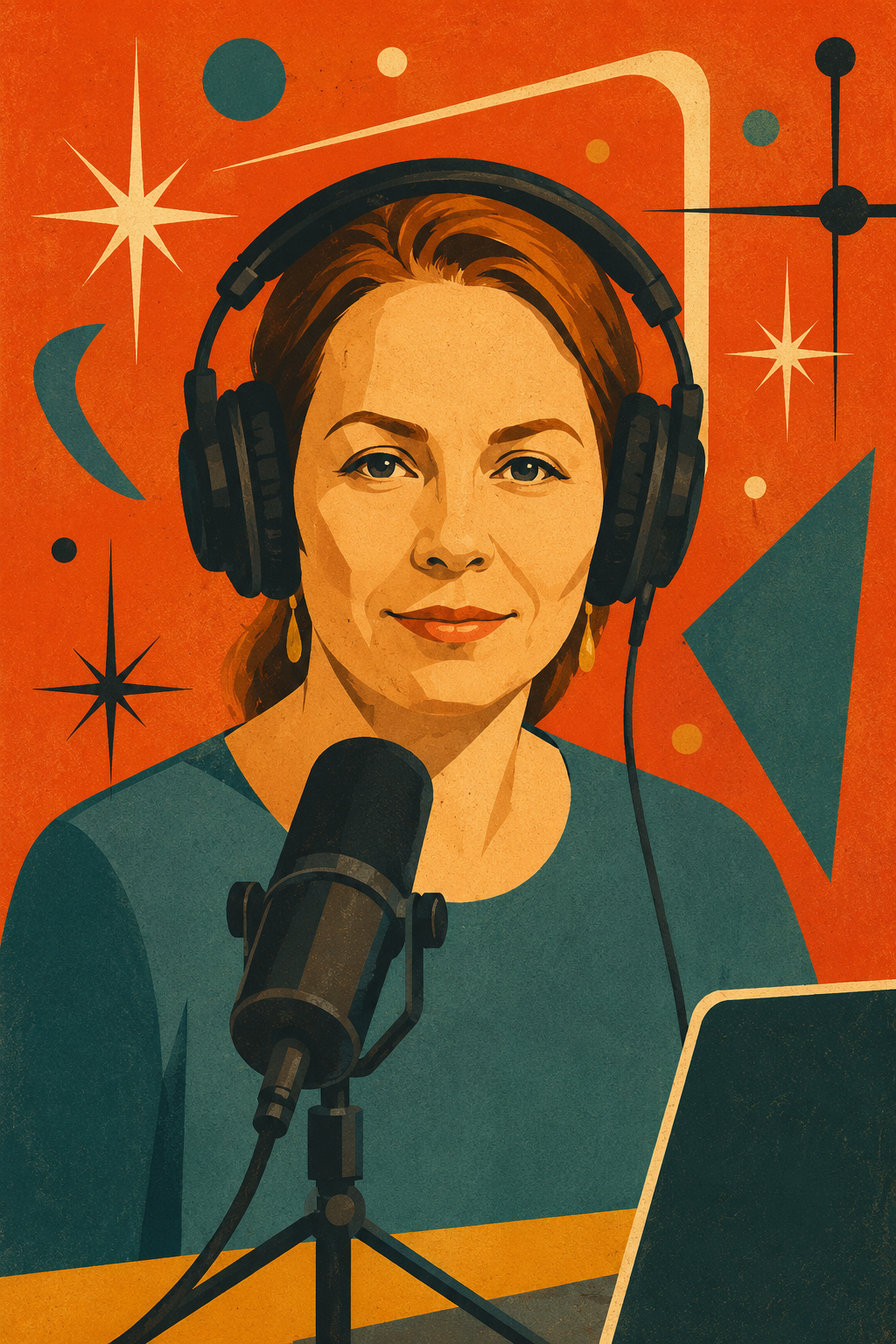 Stylized midcentury portrait of Joan Biediger, host of Her Shrink Ray Eye, wearing headphones and speaking into a microphone.