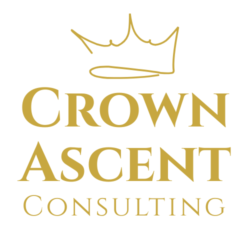 Gold crown above the words "Crown Ascent Consulting" on a black background.