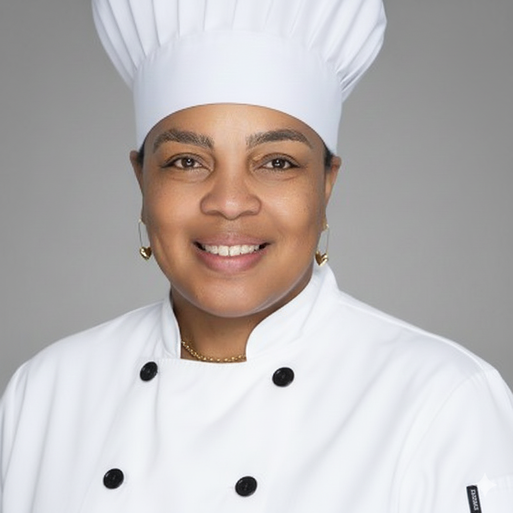 A woman dressed as a professional chef, wearing a white chef's uniform and a tall chef's hat, smiling at the camera.
