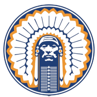 Stylized Native American headdress with feathers and a face at the center