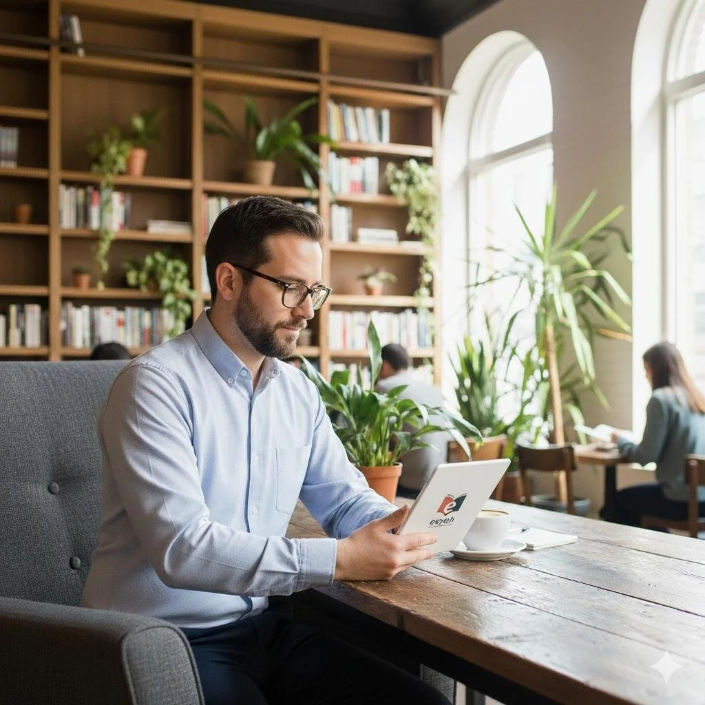 A man with glasses and a beard is sitting at a wooden table in a cozy cafe or library, looking at a tablet. The background features a bookshelf filled with books and plants, with natural light coming through large arched windows.