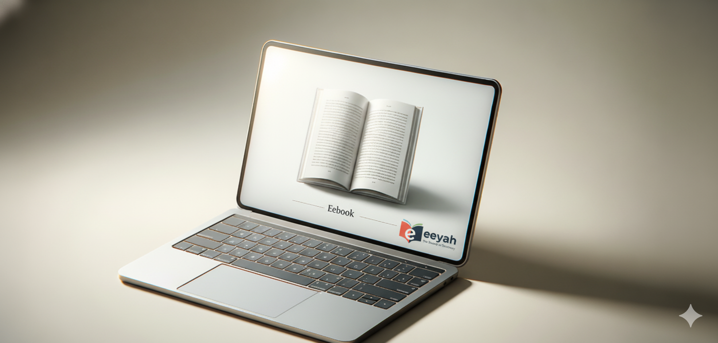 A laptop computer open to a page displaying a 3D model of an open book labeled 'Ebook' with the logo and text 'eeah' in the bottom right corner.