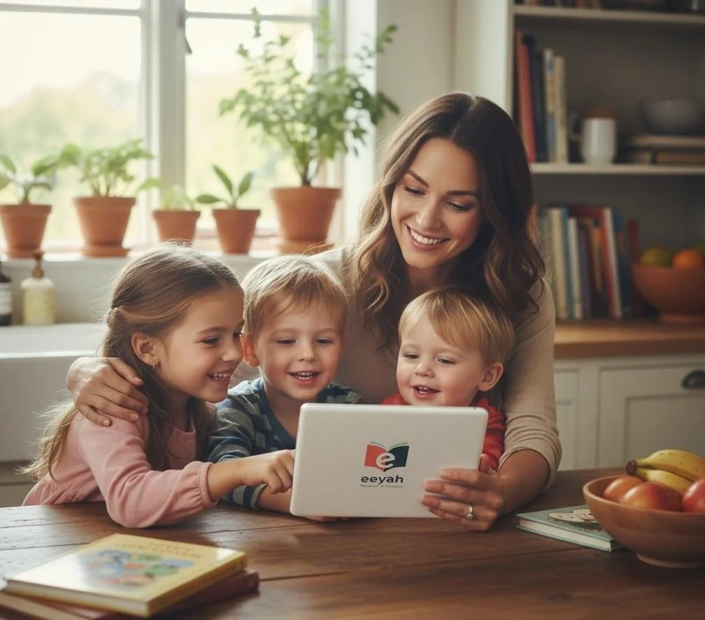 A woman and three children sitting at a wooden table in a bright kitchen, looking at a tablet together, with a bowl of fruit and books on the table, and potted plants on the window sill.