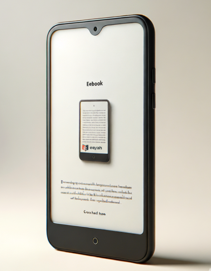 Smartphone displaying a webpage with the word 'Eebook' and an image of a smaller phone with the 'eayh' logo.