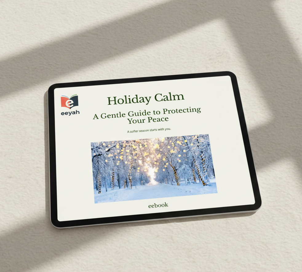Tablet mockup showing the ‘Holiday Calm’ eebook cover with a snowy winter scene and Eeyah branding.