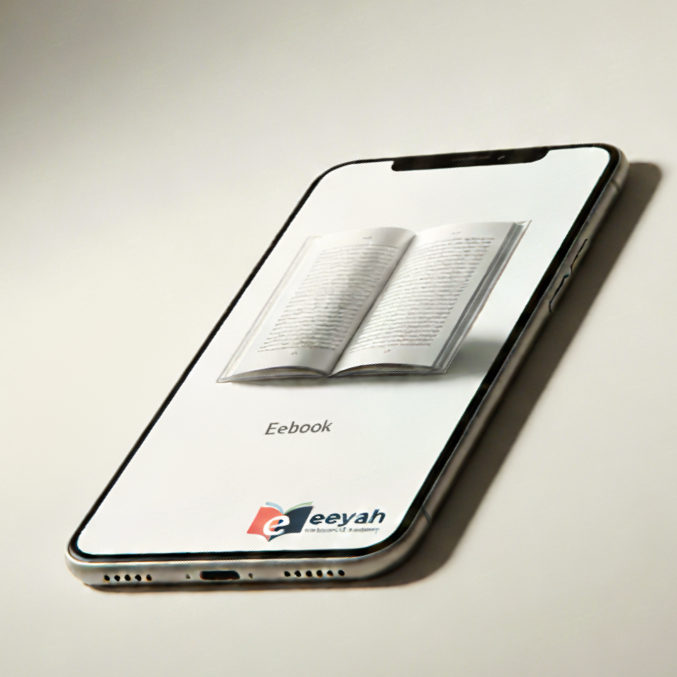 A smartphone displaying an ebook app with an open book graphic and the word 'Ebook' on the screen.