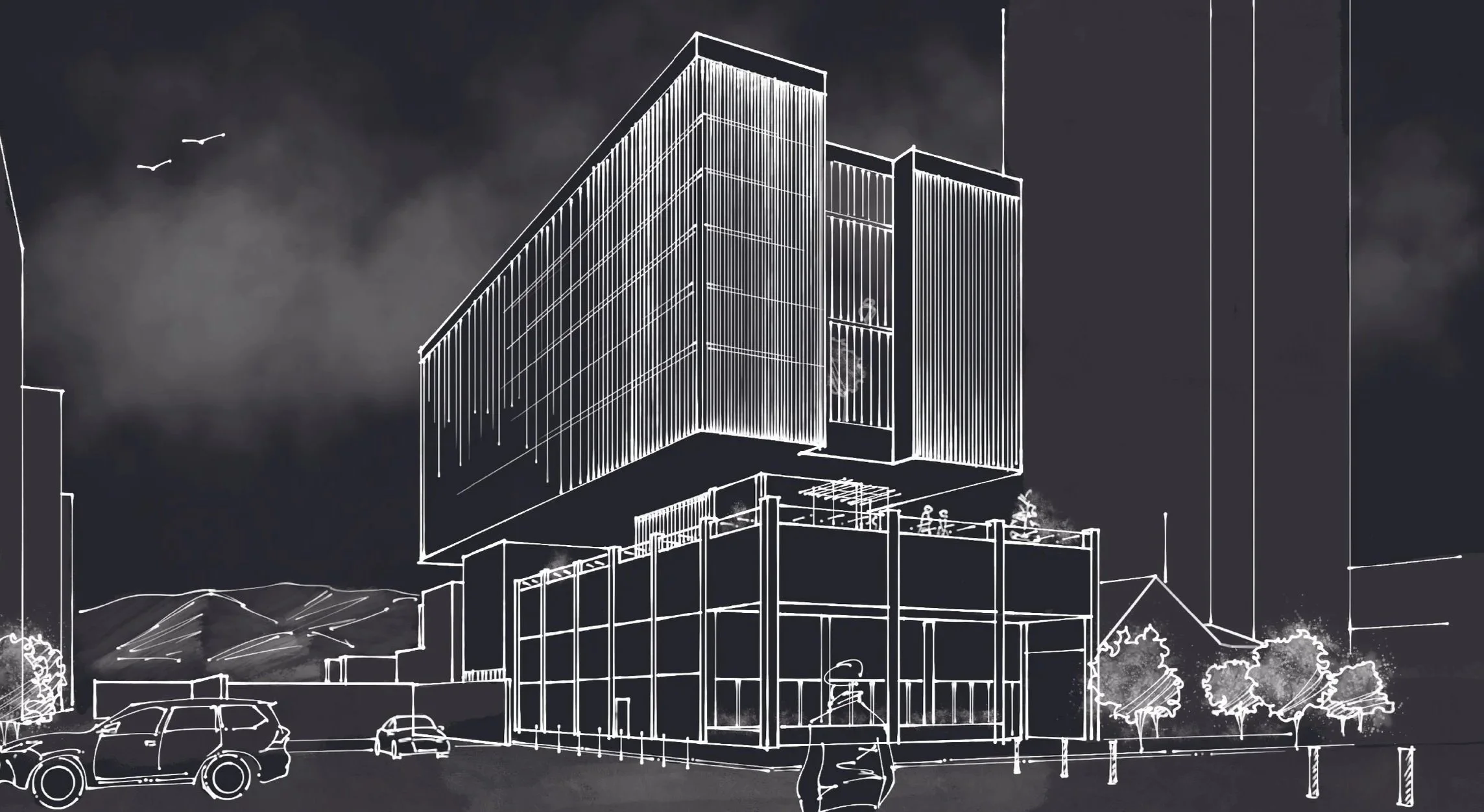 Line drawing of a modern multi-story building with a rooftop terrace, with cars parked nearby, trees, mountains in the background, and people on the rooftop, all depicted in a sketch style against a dark sky.