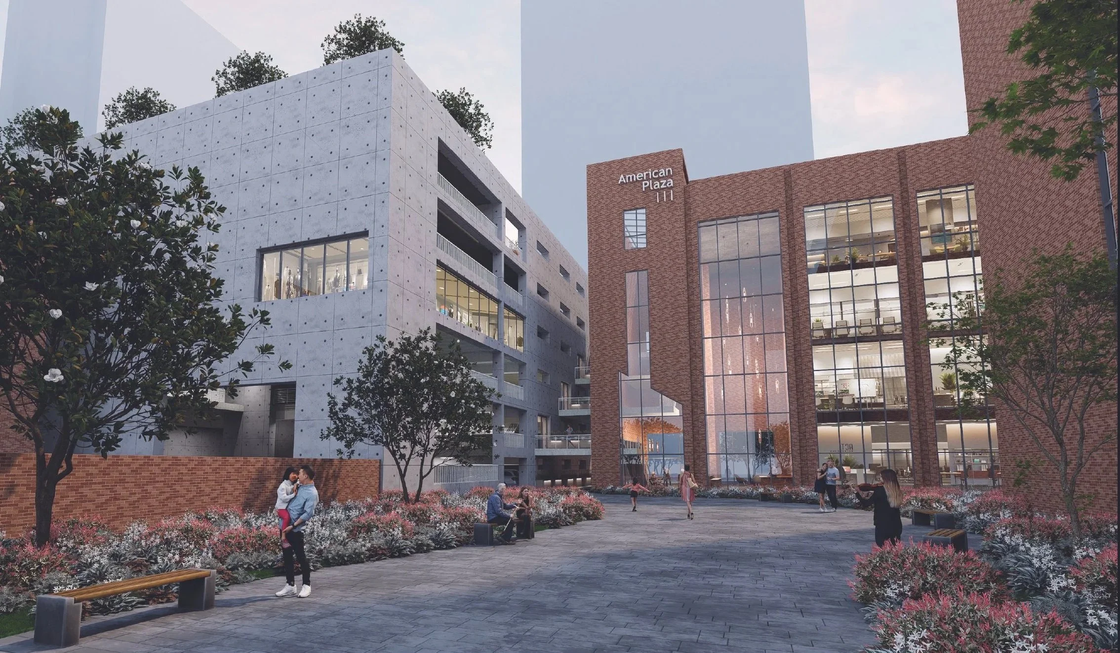 A modern outdoor scene with people in front of a building labeled 'American Plaza' during dusk, with trees, flowers, and benches.