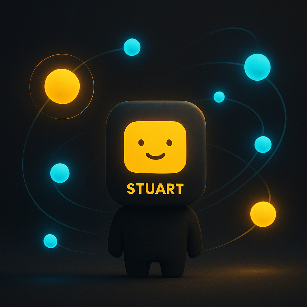 A mascot with a smiling face on a yellow screen, labeled 'STUART', with a background of orbiting glowing orbs in yellow and blue against a dark backdrop.