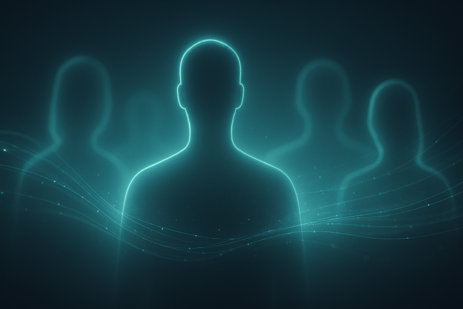 Silhouettes of four human figures with a glowing outline, set against a dark background with light lines and dots, suggesting digital networking or connectivity.