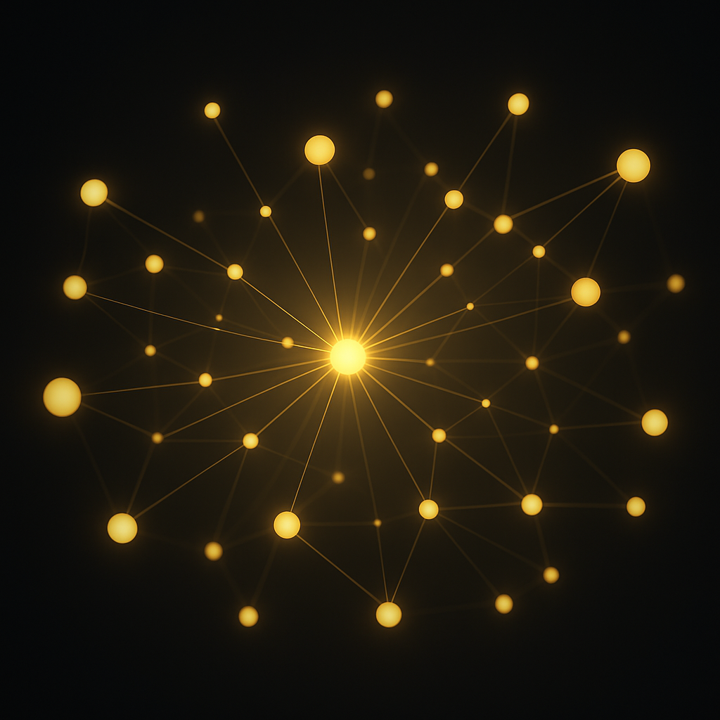 Digital network with a central glowing point connected to multiple smaller glowing points by lines, against a black background.