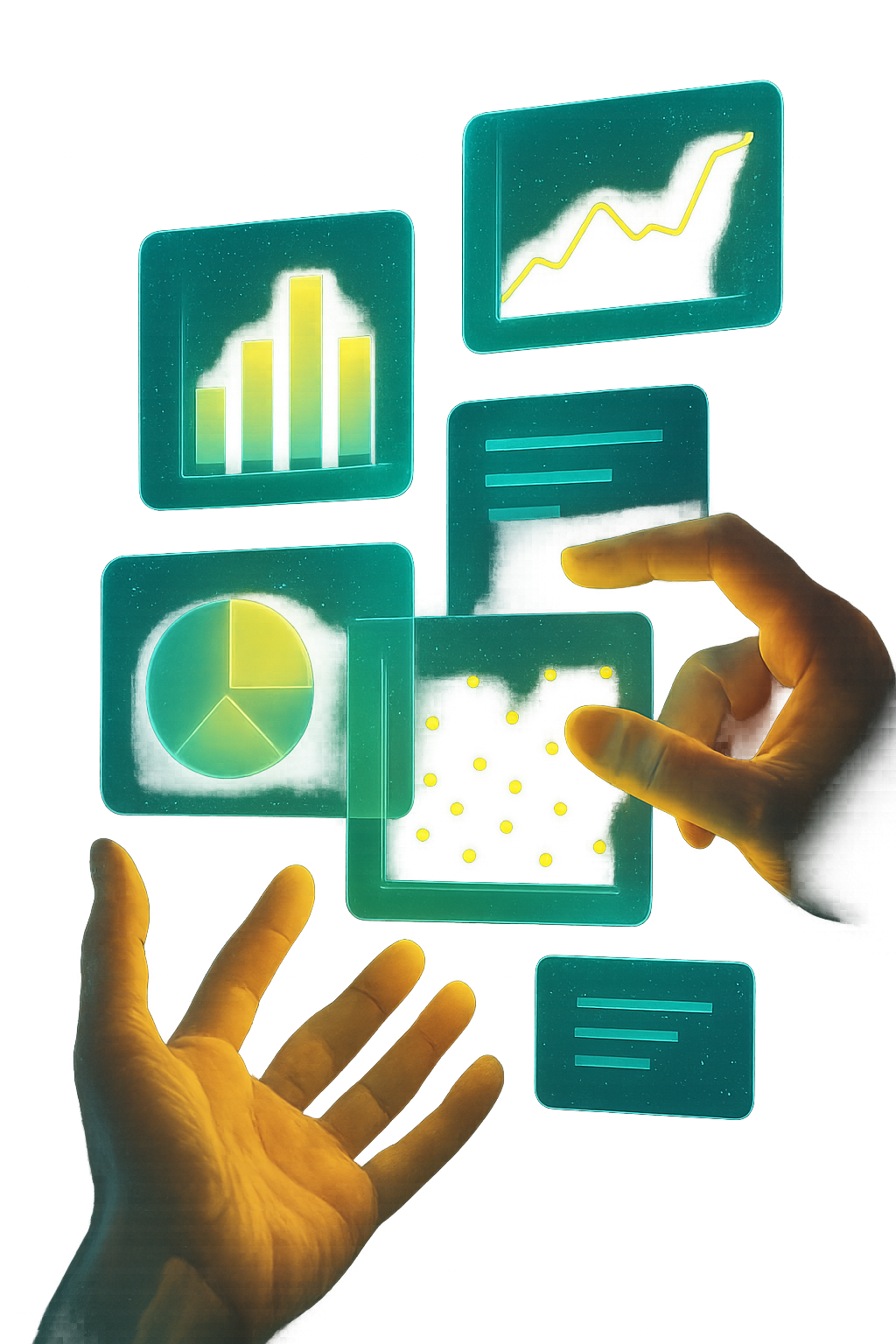 Hands interact with holographic screens displaying charts, graphs, and data points in a futuristic setting.