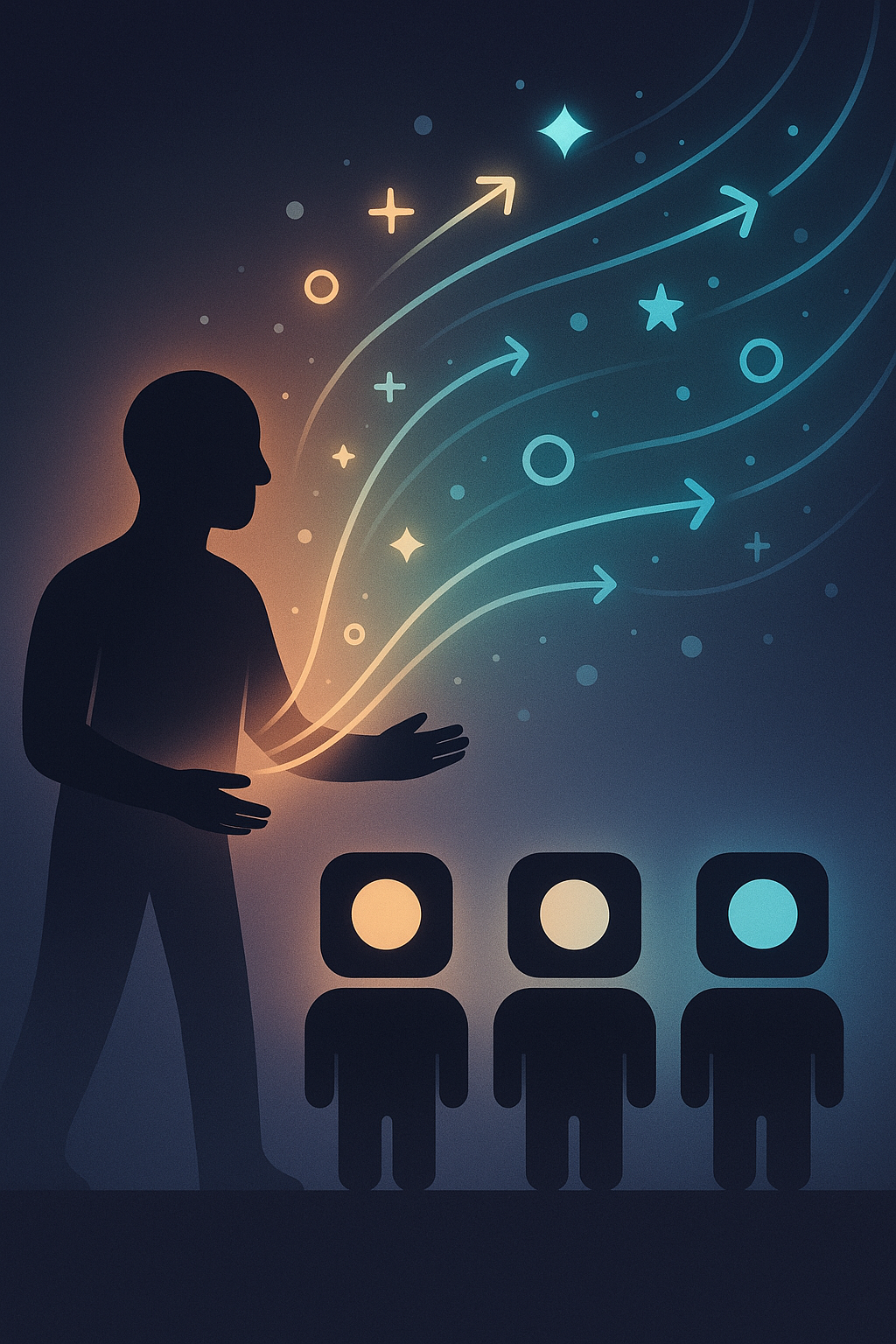 Silhouette of a person with arms extended, facing a space-themed background with stars, circles, and arrows.