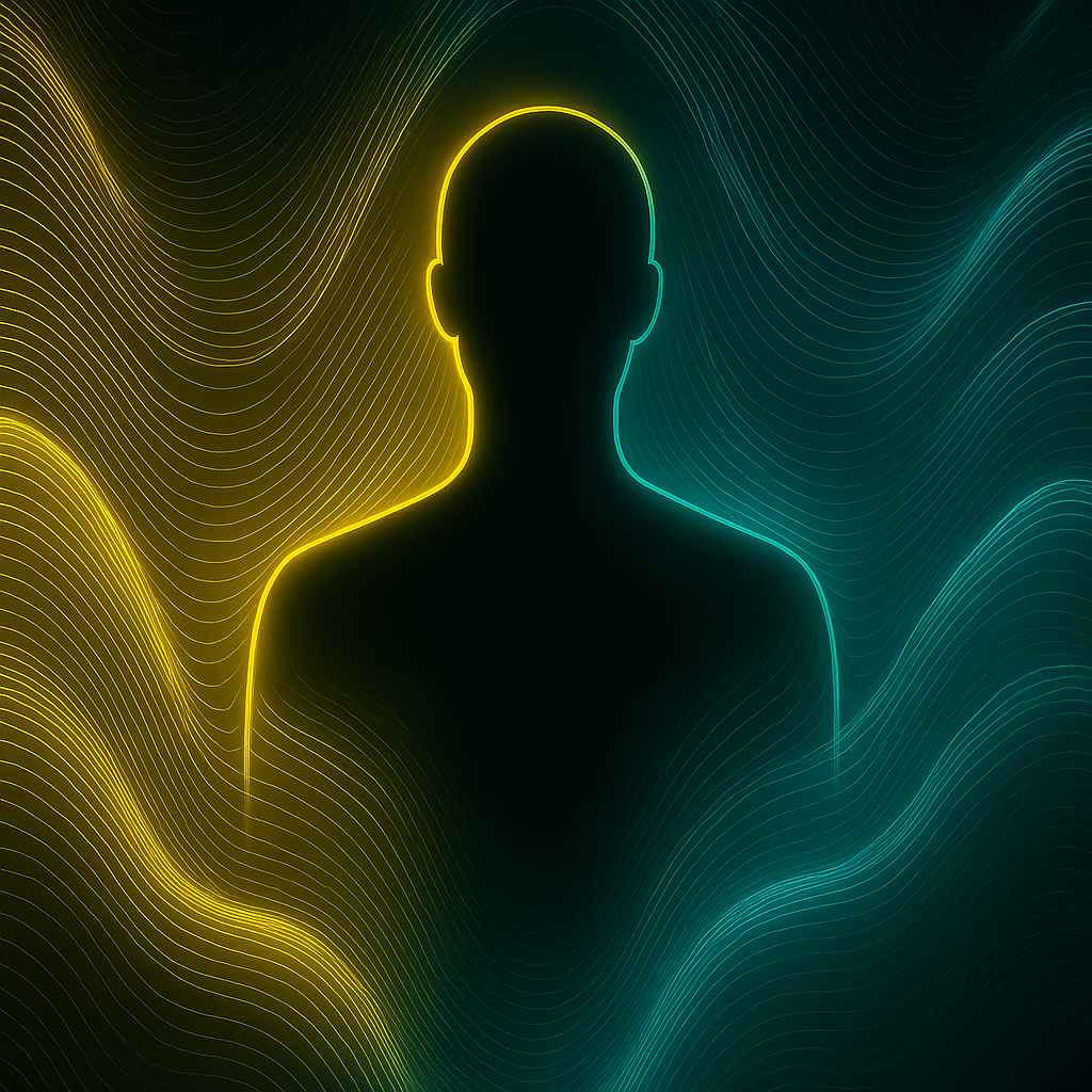Silhouette of a human head and shoulders with neon outline, background of flowing lines in yellow and teal colors.