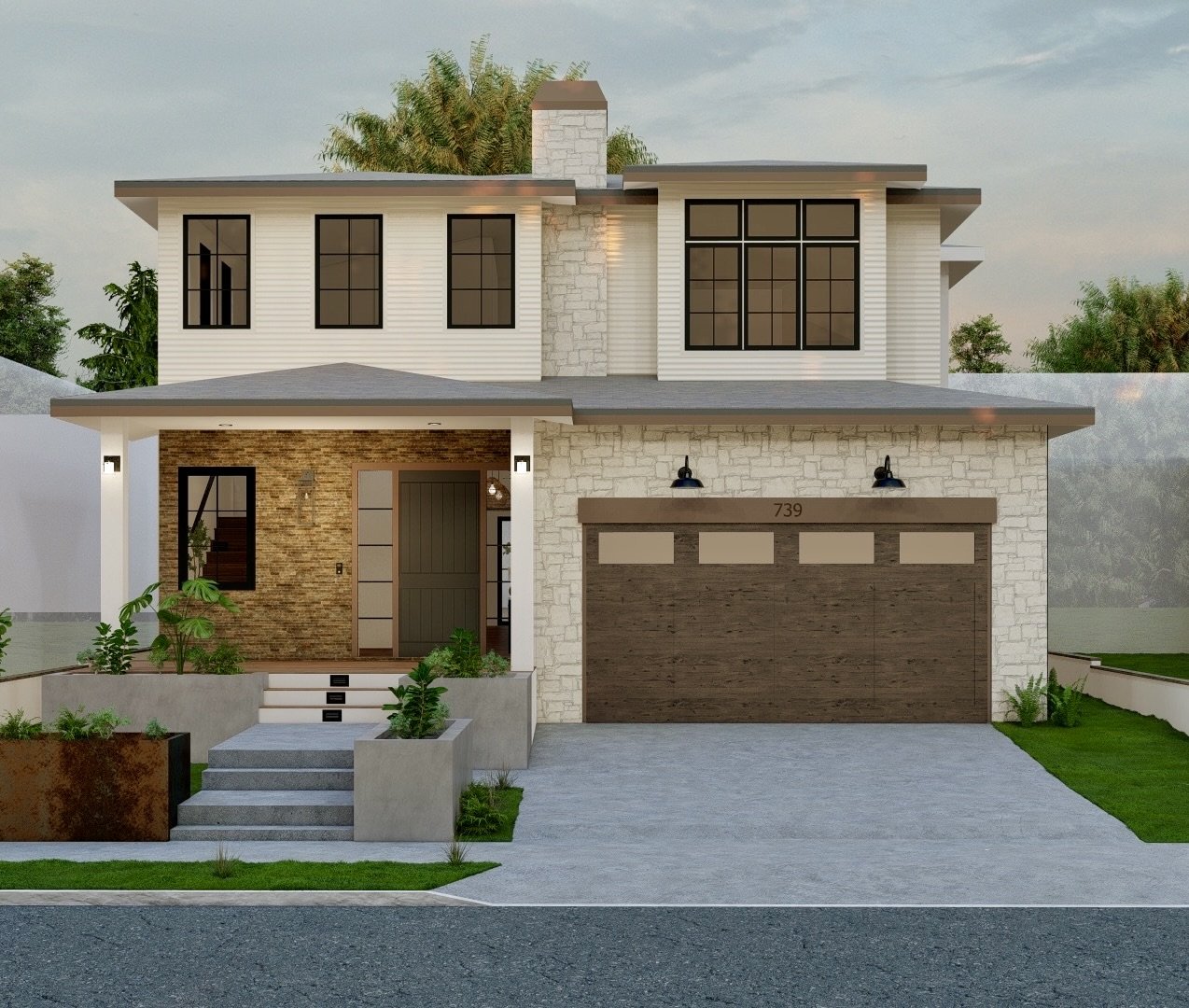 Modern two-story house with a stone and siding exterior, large windows, a covered porch, landscaped front yard, and a two-car garage.