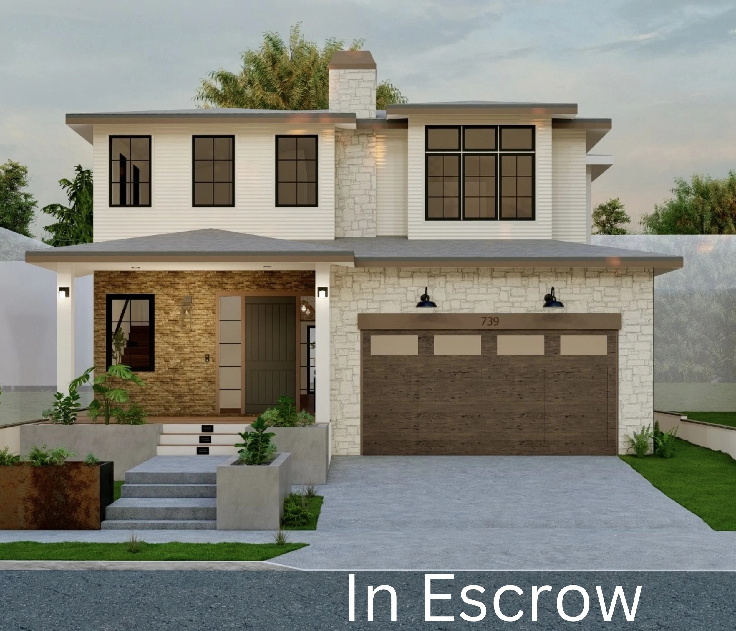 Modern two-story house with a stone and siding exterior, large windows, a covered porch, landscaped front yard, and a two-car garage.