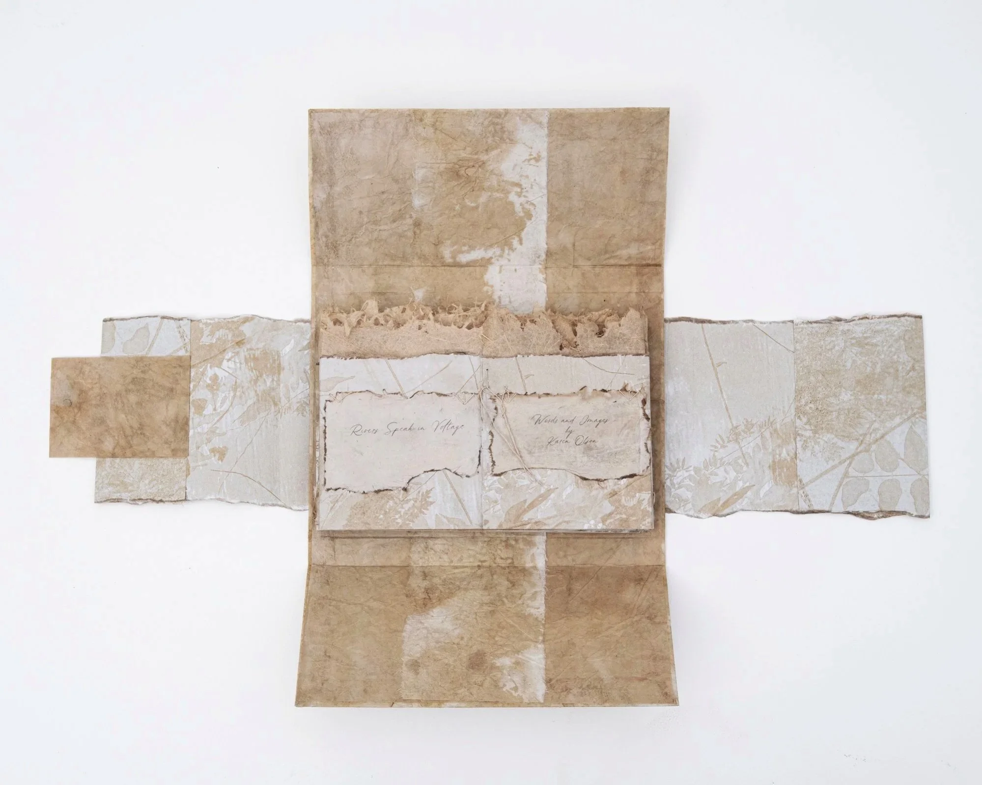 Rivers Speak in Voltage - Closed book and cover - Pigment prints on Baram Hanji paper, photo transfers, artist made papers from abaca, cattail, corn husk, and Himalayan balsam, natural dye, antique linen thread, Korean hanji