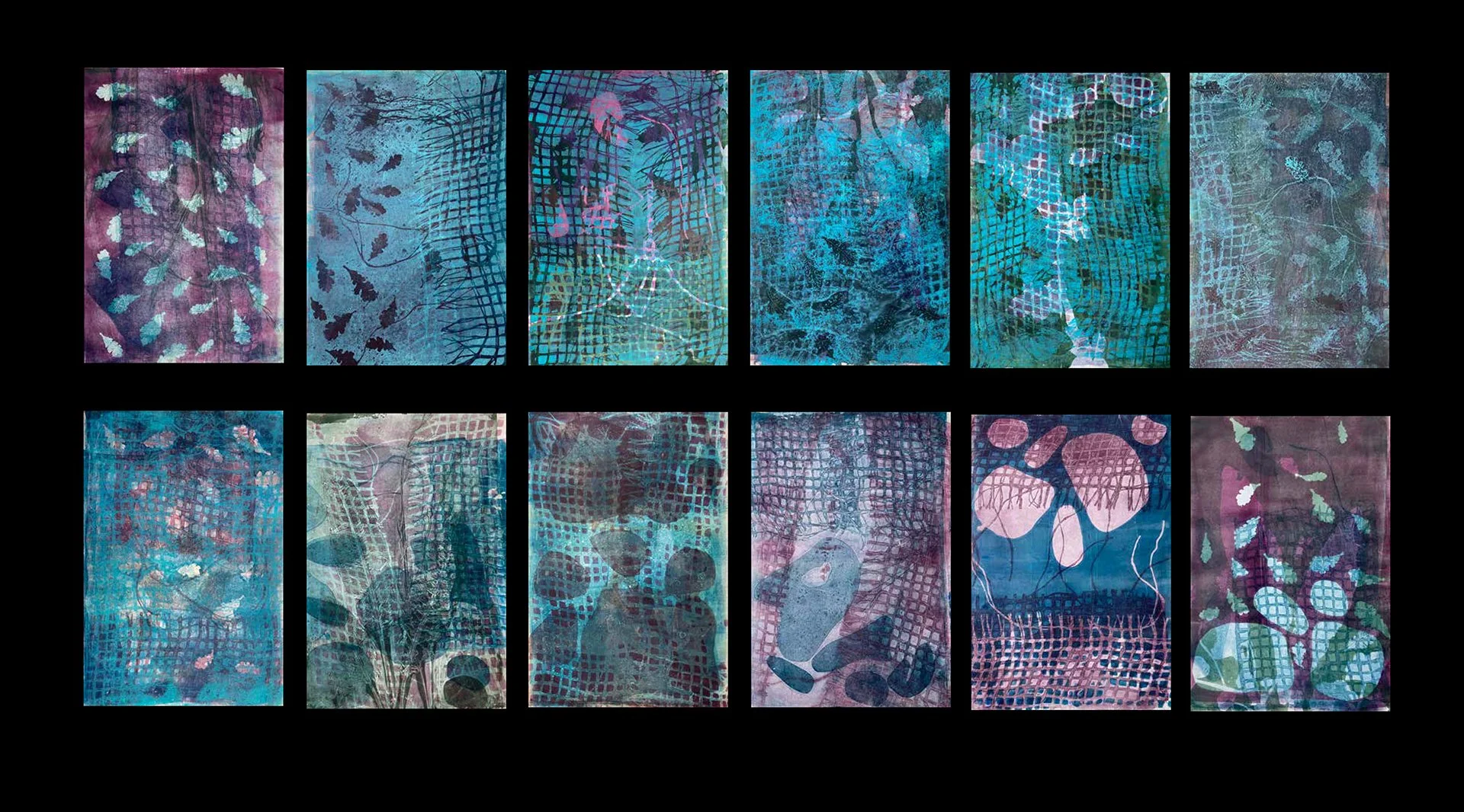 “Like Catching Water in a Net” is a gridded series of monotypes created around the theme of how water is an elusive element and have wonderful and destructive effects. Each print measures 18”w x 24” high. The overall display is 118”wide x 50”high.