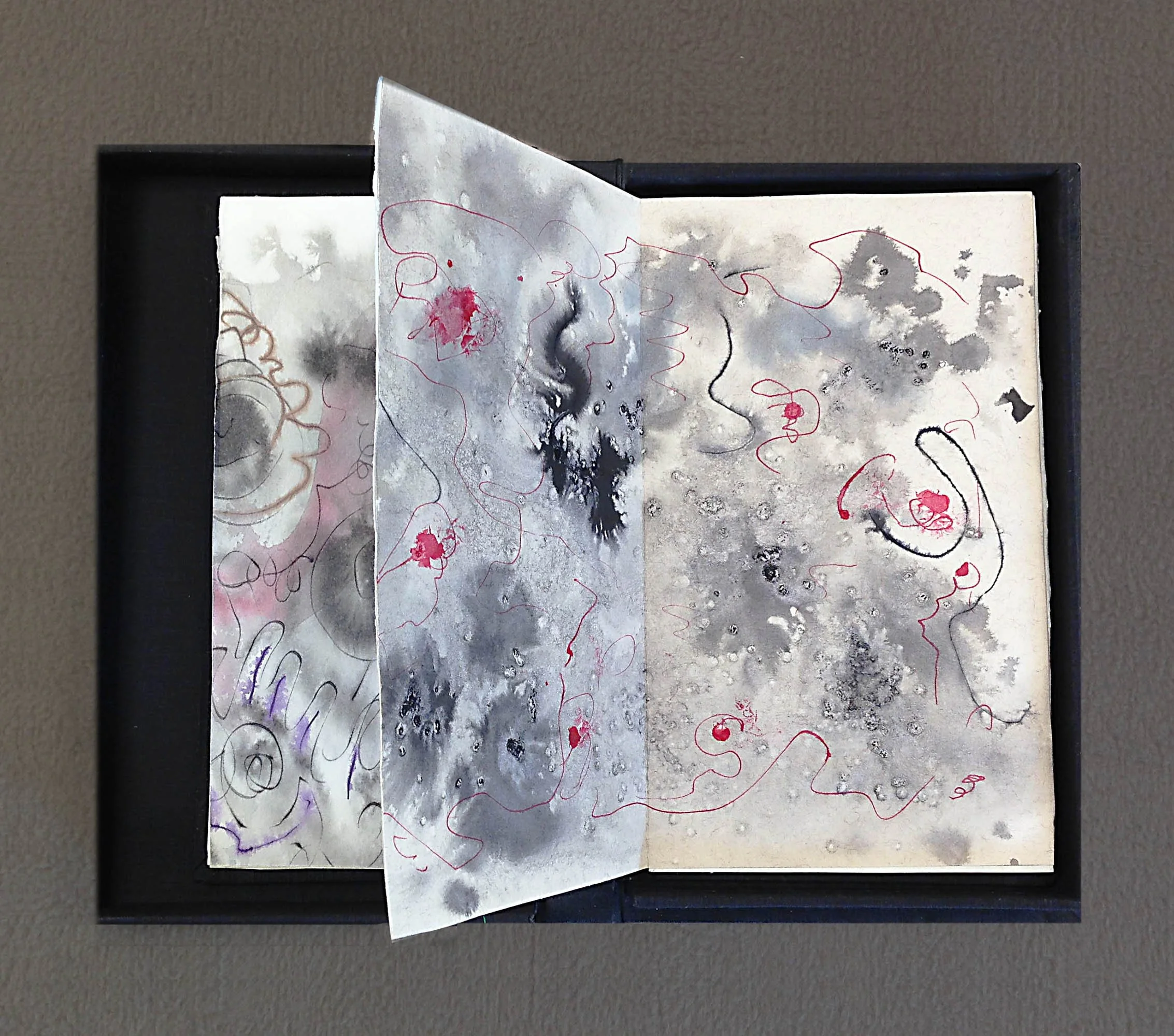“Drib & Drabs, Fits & Spurts” artist book is made of ink wash drawings created in 2011. It is a drumleaf binding casebound in black silk bookcloth. The one-of-a-kind book measures 6”w x 9”h x .5” d closed, Not for Sale.