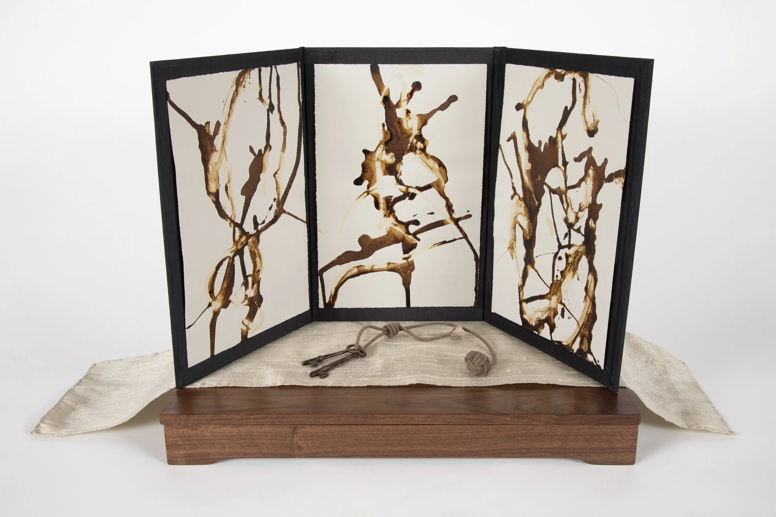 The Mystery of Five, 2019. Triptych with original walnut ink drawings, vintage keys, dupioni silk cloth and walnut case. Book Dimensions closed: 13.5 x 9 x .05 inches. Case Dimensions:10 x 19 x 2.5 inches.