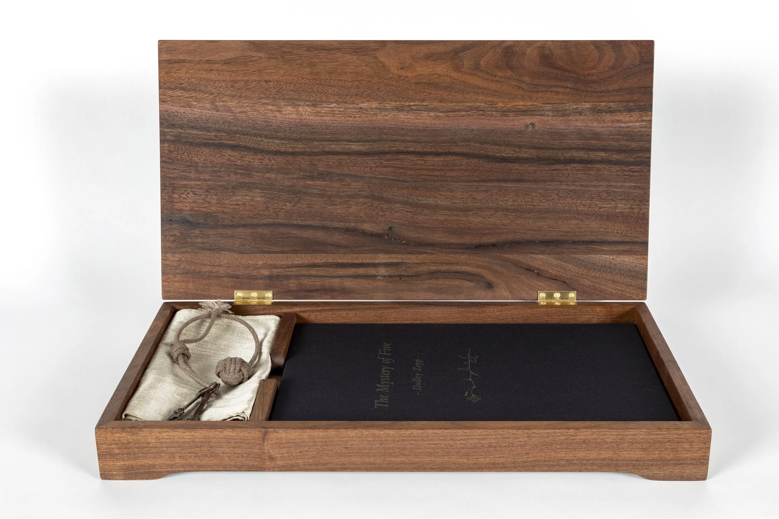The Mystery of Five, 2019. Triptych with original walnut Ink drawings, vintage keys, dupioni silk cloth and walnut case. Book Dimensions closed: 13.5 x 9 x .05 inches. Case Dimensions:10 x 19 x 2.5 inches.