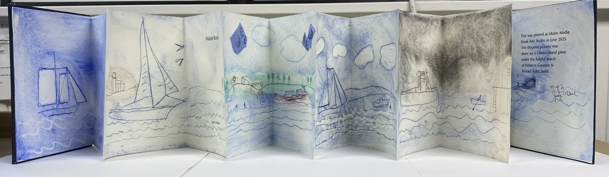 Maine Boats, one sided accordion book, 6” x 8”, drawings on dry point pages, letterpress, edition of 2.