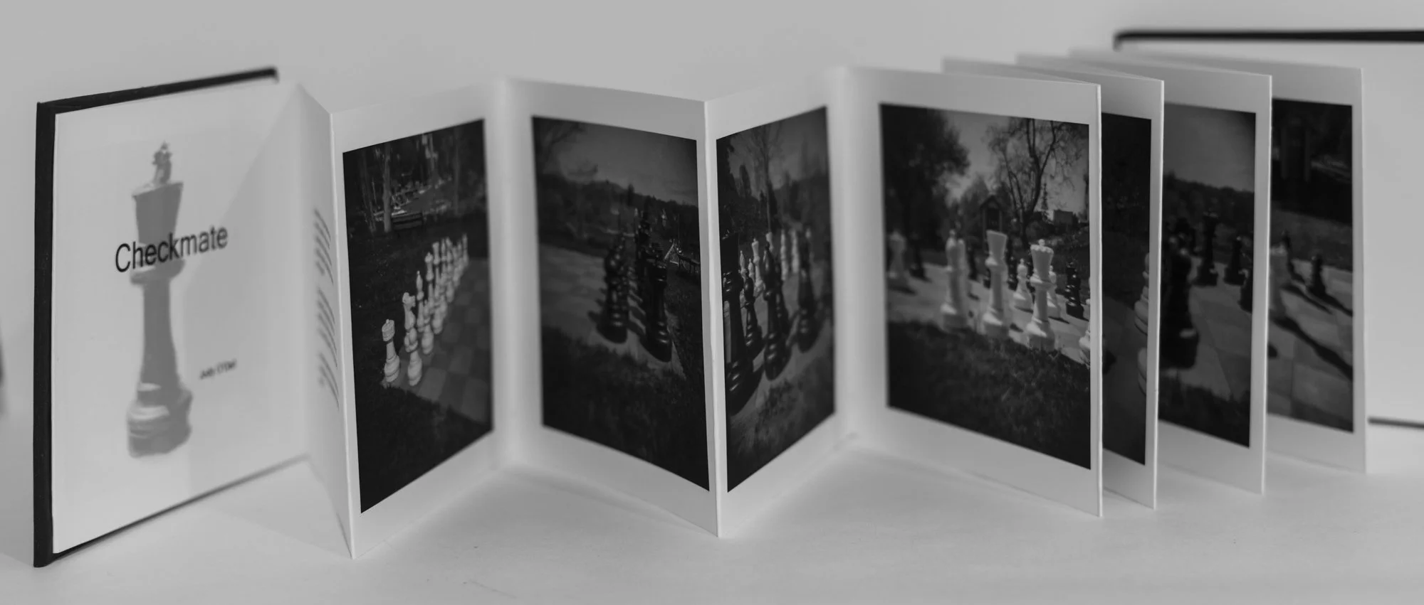 Checkmate- double sided accordion book, 5 ¼” by 5 ¼”, photographs of an outdoor chess set, back side is a mock chess game. Edition of 2