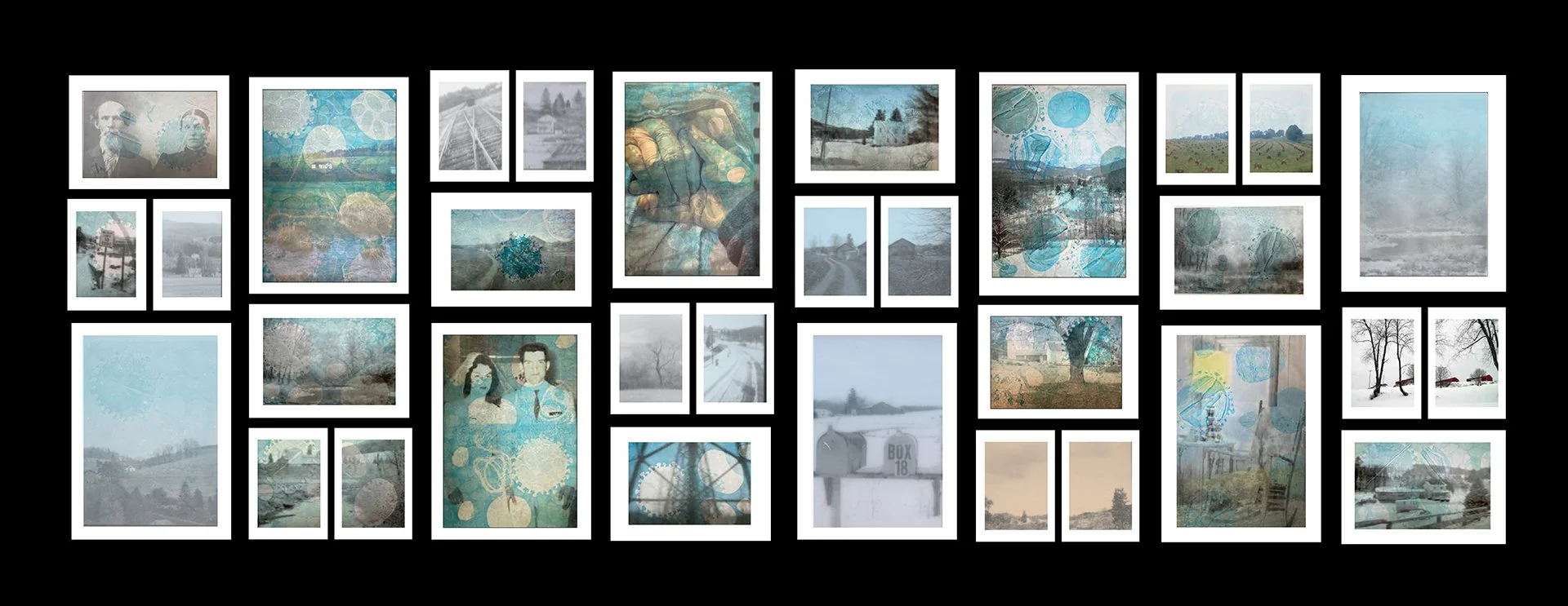 “When COVID Came to Town” Updated and expanded in 2024-25 from a 2020-22 series of monotype prints created using water-based acrylic ink overprinted with archival inkjet photography on paper. There are 3 framed matrices: small- 13”h x 10”w x 1”d, med