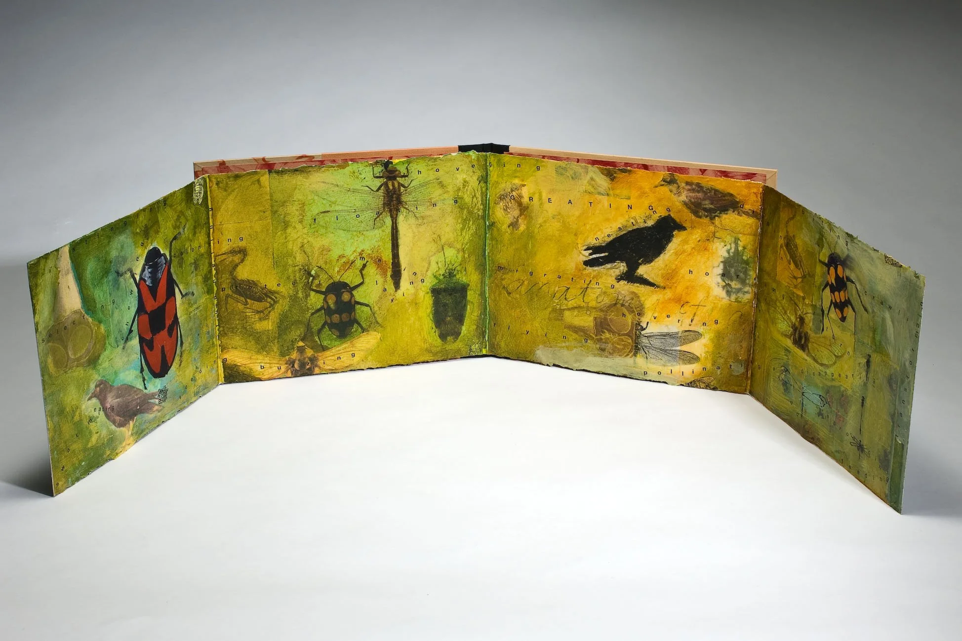 Hover, Hypnotize, Sing, Sting -
Mixed media on paper, 8" X  40," 2006