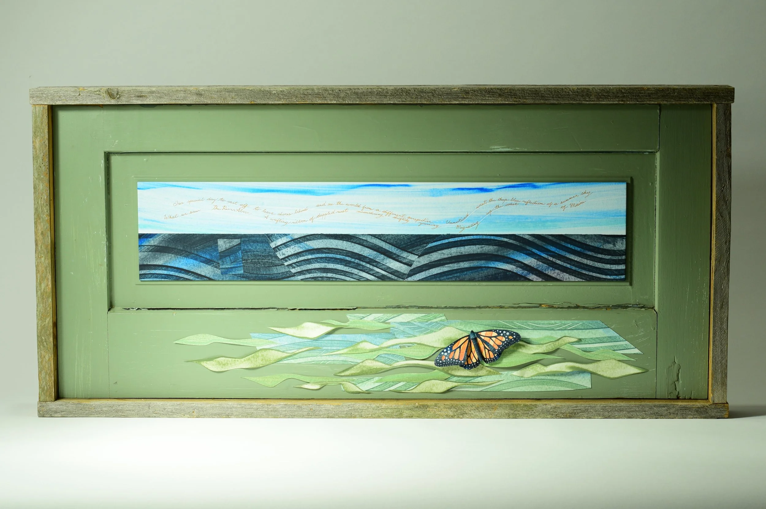The River Above – Penned migration poem, over a collaged river, in a hand-built frame.