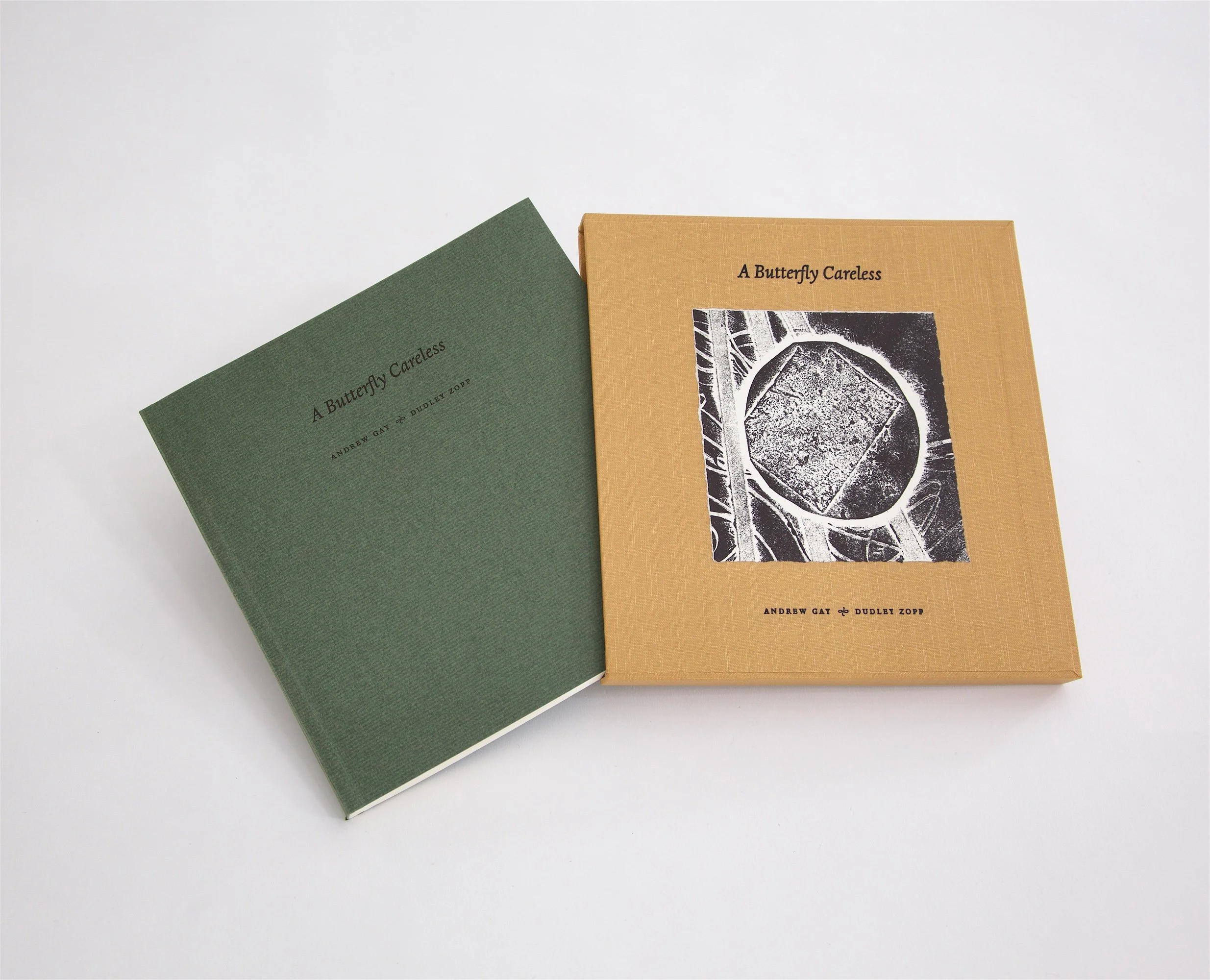 A Butterfly Careless, 2001. Letterpress with offset duotone images. slipcased with original monotype on cover. Dimensions 7 x 7 x .5 inches. 