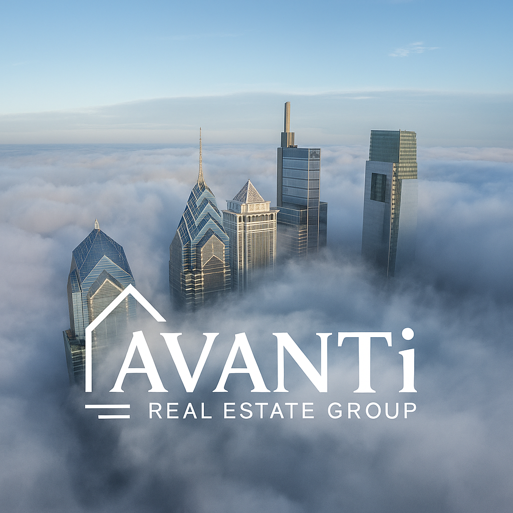 High-rise skyscrapers emerging from clouds with the company logo 'AVANTI REAL ESTATE GROUP' overlaid.