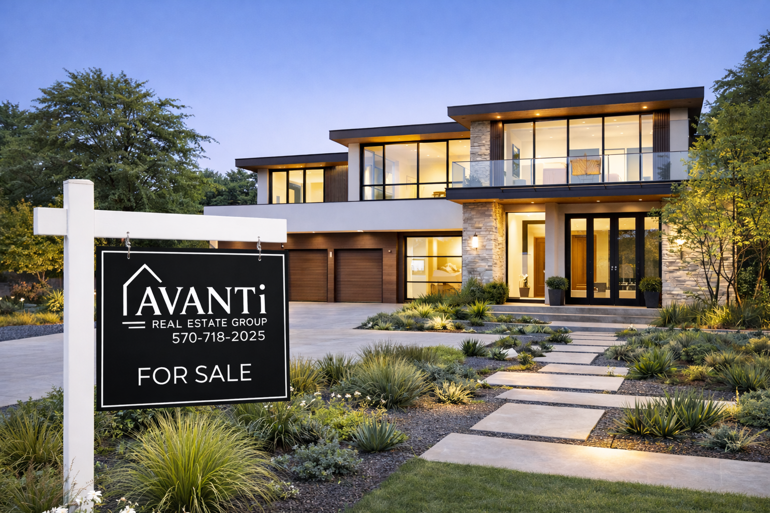Modern two-story house with large glass windows, a stone and wood exterior, and a landscaped front yard with a pathway. There is a black and white "For Sale" sign in the foreground.