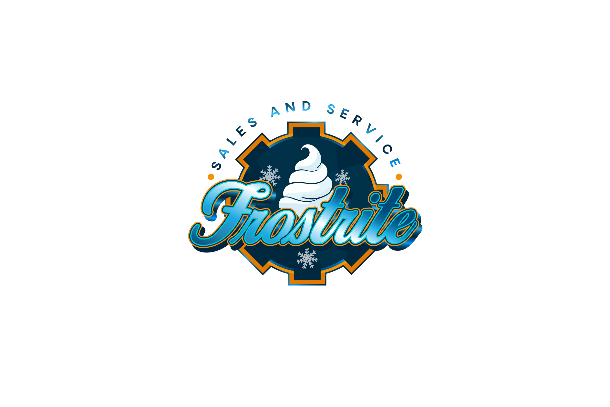 Frostbite logo with a snowflake and ice cream swirl in the center, surrounded by gear shape, with the words 'Sales and Service' above and 'Frostbite' in prominent script across the middle.