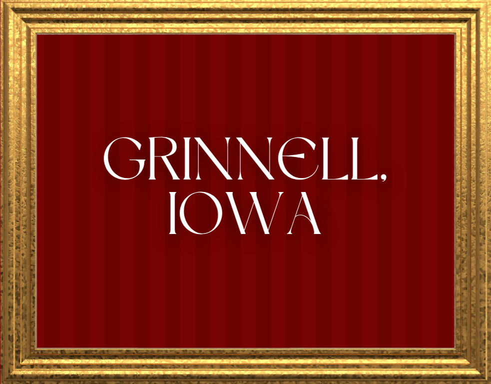 A red background with gold ornate border and the text "Grinnell, Iowa" in white lettering.