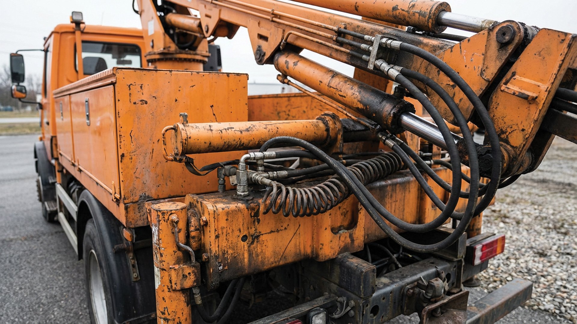 Hydraulic hoses and fittings on a utility bucket truck boom used for municipal maintenance work.