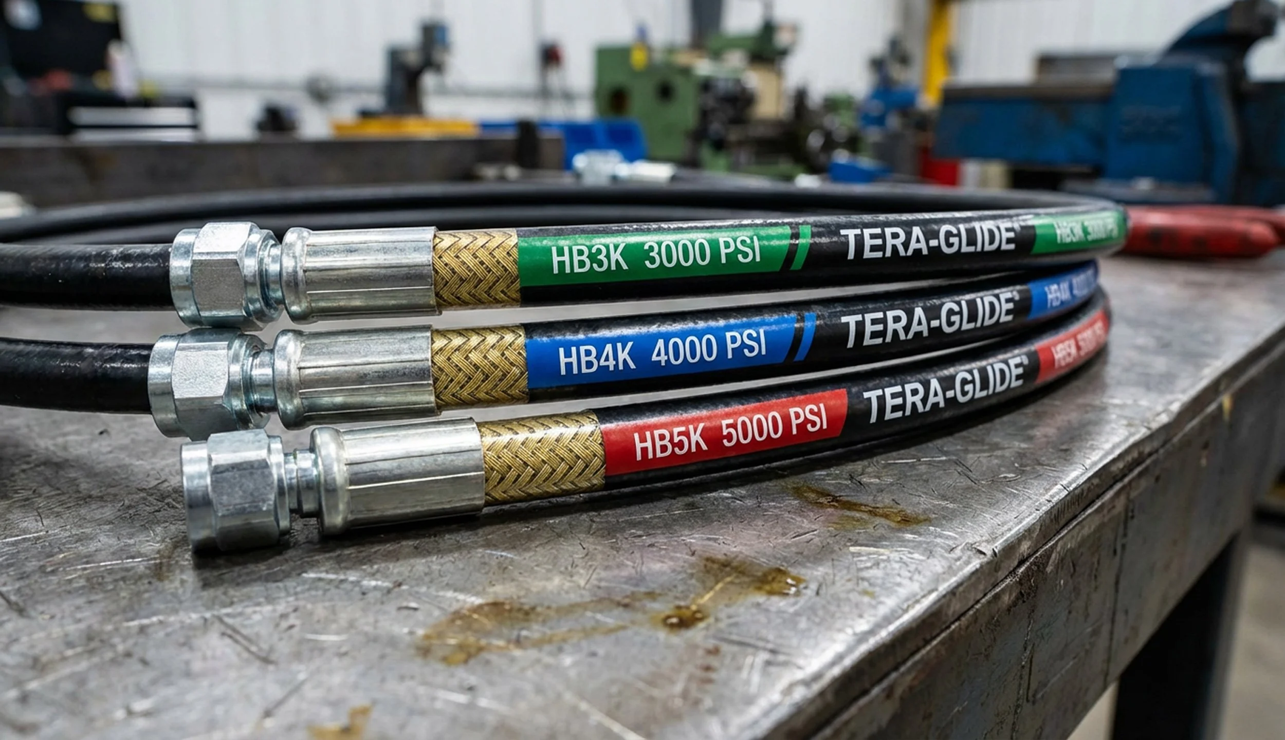 Close-up photo of HB Series isobaric hydraulic hoses — HB3K, HB4K, and HB5K — stacked on a steel workbench. Green, blue, and red PSI bands clearly labeled with TERA-GLIDE branding and polished steel fittings visible in an industrial workshop setting.