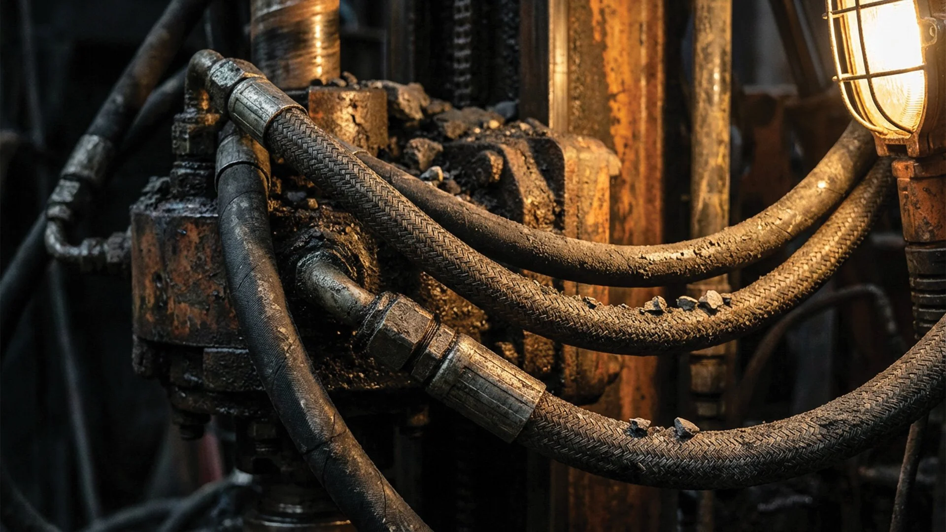 Heavy-duty hydraulic hoses on industrial drilling equipment used in mining and quarry operations.