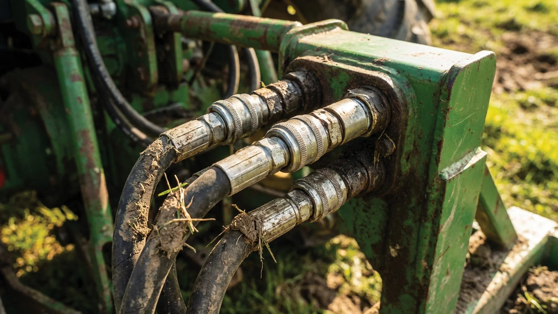Hydraulic hose couplers on a tractor implement showing farm-use wear and agricultural connections.