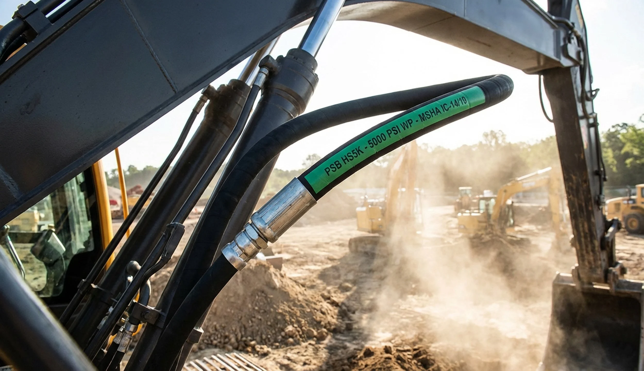 High-pressure PSB HS5K spiral hydraulic hose with green ID band installed on an excavator boom, showing clean fittings and heavy-duty performance at an active construction site.